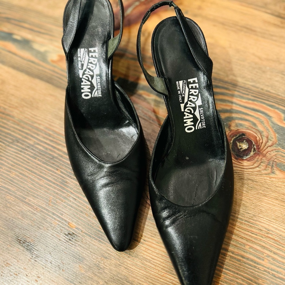 Salvatore Ferragamo Black Women's Kitten Heel Sling Backs